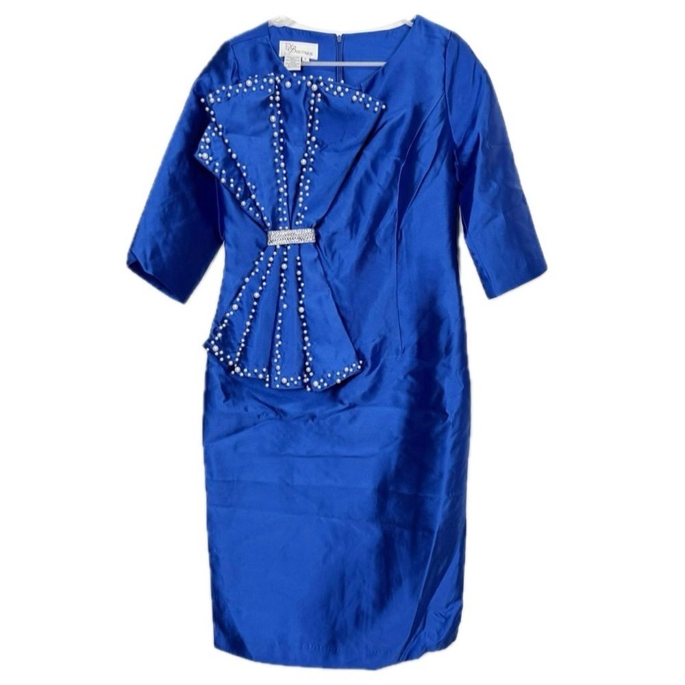 EY Boutique Dress Womens 8 Royal Blue Pearl Beaded 3/4 Sleeve Sheath U0415